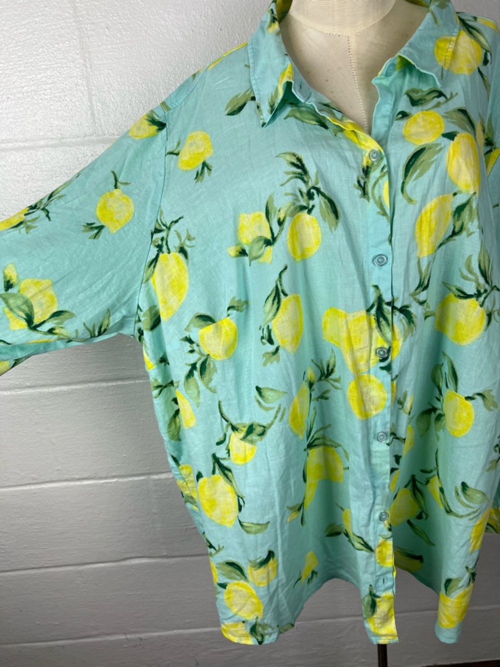Belle Kim Gravel size 4X Aqua Yellow Lemon Linen Blend Long Sleeve Button Up Top - Picture 4 of 8